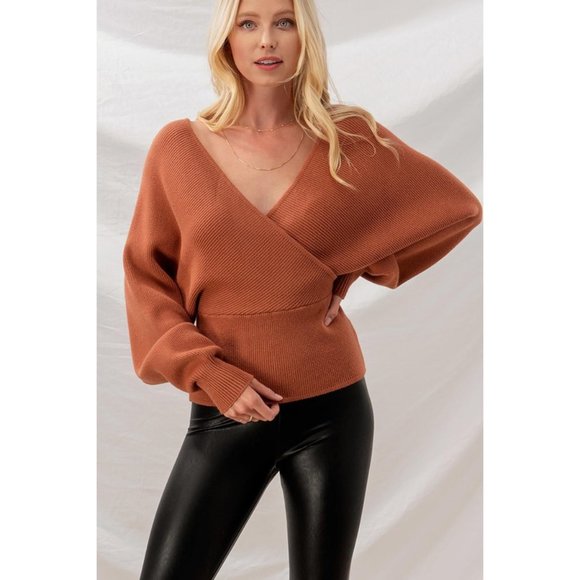 NEW Rust Wrap V Neck Dolman Sleeves Cozy Sweater - Picture 4 of 8
